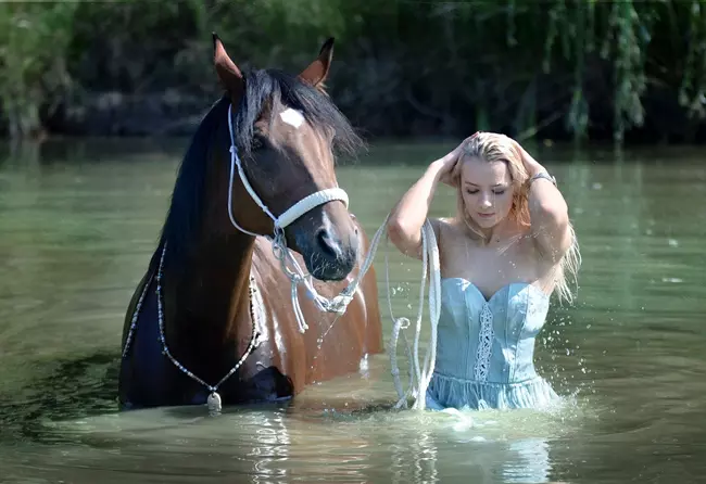 Szőke hajú lány egy barna lovat vezet a vízben