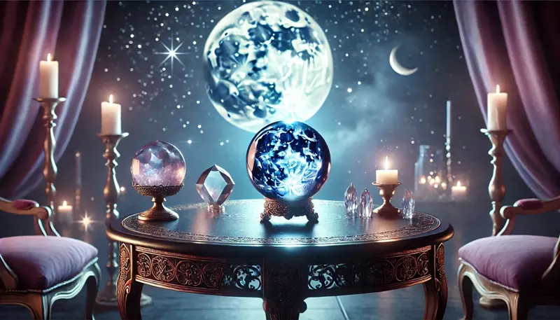 Misztikus telihold �s krist�lyg�mb egy letisztult �jszakai t�jban.